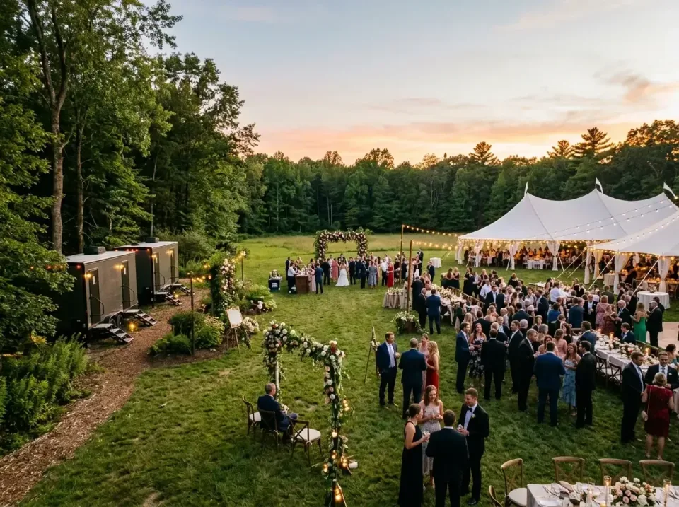 Luxury Restroom Trailer — Outdoor Wedding — Luxury Restroom Trailer, Wedding Tent, String Lights, Outdoor Wedding, Porta Pot…