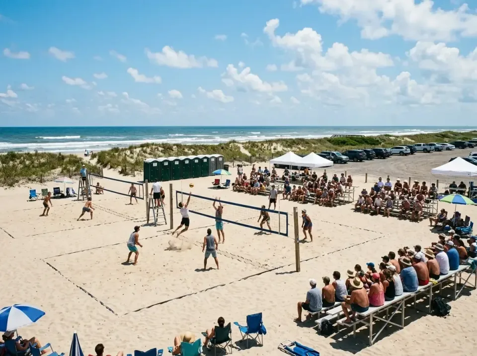 Porta Potty — Beach Volleyball Tournament — Porta Potty, Volleyball Net, Bleachers, Beach Volleyball Tournament, Porta Potty…