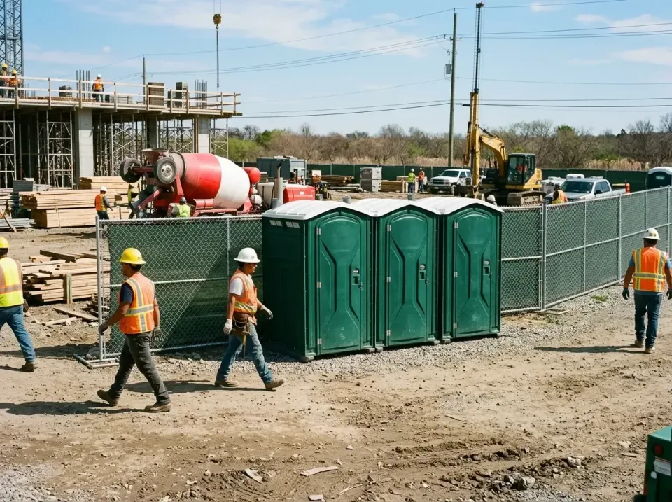 Porta Potty — Construction Site — Porta Potty, Construction Crew, Safety Vest, Construction Site, Porta Potty Rentals and Du…