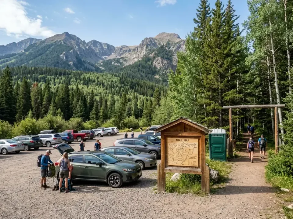 Porta Potty — Hiking Trailhead — Porta Potty, Trail Map Kiosk, Hikers, Hiking Trailhead, Porta Potty Rentals and Dumpster Re…