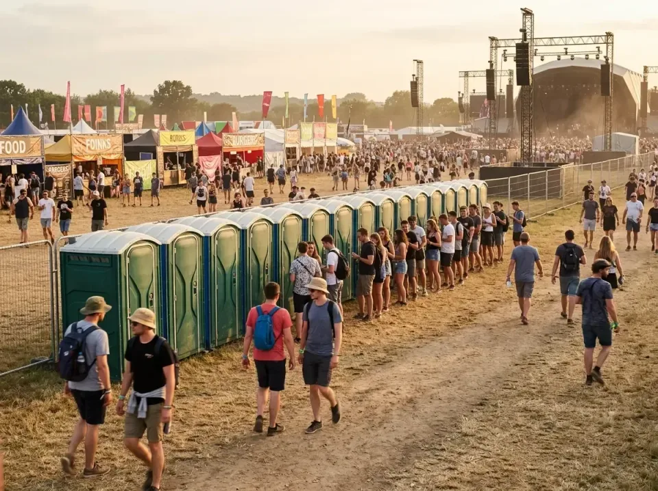 Portable Toilets — Music Festival — Portable Toilets, Metal Crowd Control Barriers, Festival Attendees, Music Festival, Port…