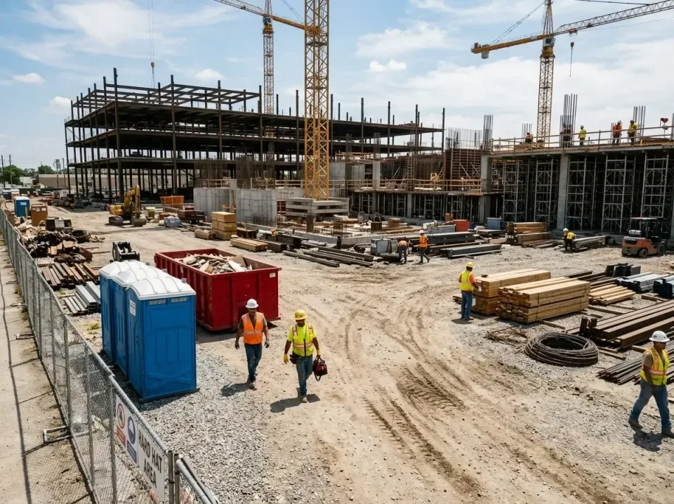 Portable Toilets — Construction Site — Portable Toilets, Roll-off Dumpster, Construction Crew, Construction Site, Porta Pott…