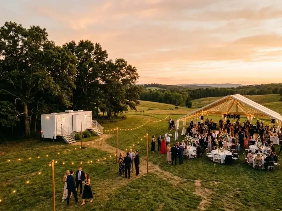 Restroom Trailer — Outdoor Wedding — Restroom Trailer, Wedding Tent, String Lights, Outdoor Wedding, Porta Potty Rentals and…