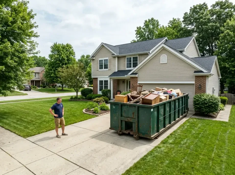 Roll-off Dumpster — Residential Driveway — Roll-off Dumpster, Man, Residential House, Residential Driveway, Porta Potty Rent…