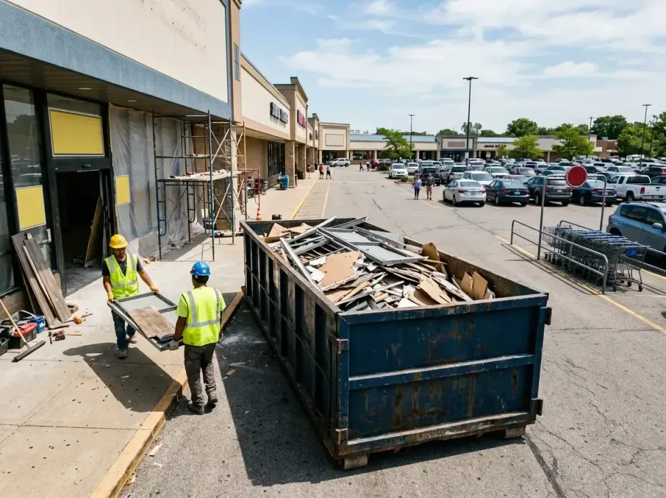 Roll-off Dumpster — Commercial Renovation — Roll-off Dumpster, Construction Workers, Scaffolding, Commercial Renovation, Por…