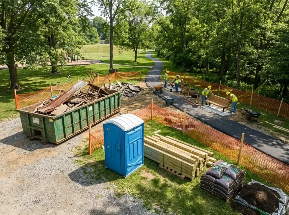 Roll-off Dumpster — Public Park Renovation — Roll-off Dumpster, Porta Potty, Construction Crew, Public Park Renovation, Port…