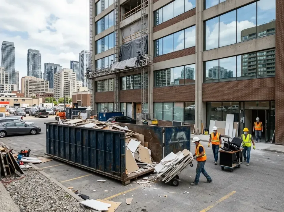 Roll-off Dumpster — Commercial Construction — Roll-off Dumpster, Construction Crew, Hand Truck, Commercial Construction, Por…