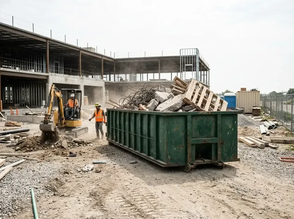 Roll-off Dumpster — Commercial Construction Site — Roll-off Dumpster, Mini Excavator, Construction Crew, Commercial Construc…