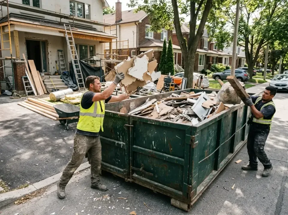 Roll-off Dumpster — Residential Renovation — Roll-off Dumpster, Construction Crew, Safety Vest, Residential Renovation, Port…