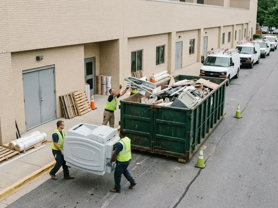 Roll-off Dumpster — Commercial Construction Site — Roll-off Dumpster, Portable Toilet, Construction Workers, Commercial Cons…