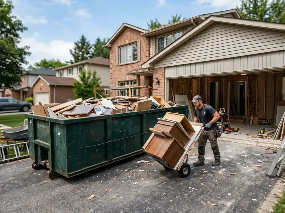 Roll-off Dumpster — Residential Driveway — Roll-off Dumpster, Hand Truck, Wooden Cabinets, Residential Driveway, Porta Potty…