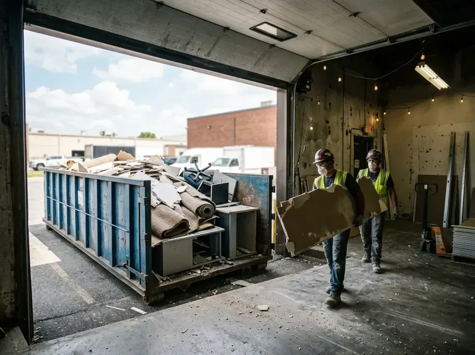 Roll-off Dumpster — Commercial Construction — Roll-off Dumpster, Construction Crew, Safety Vest, Commercial Construction, Po…